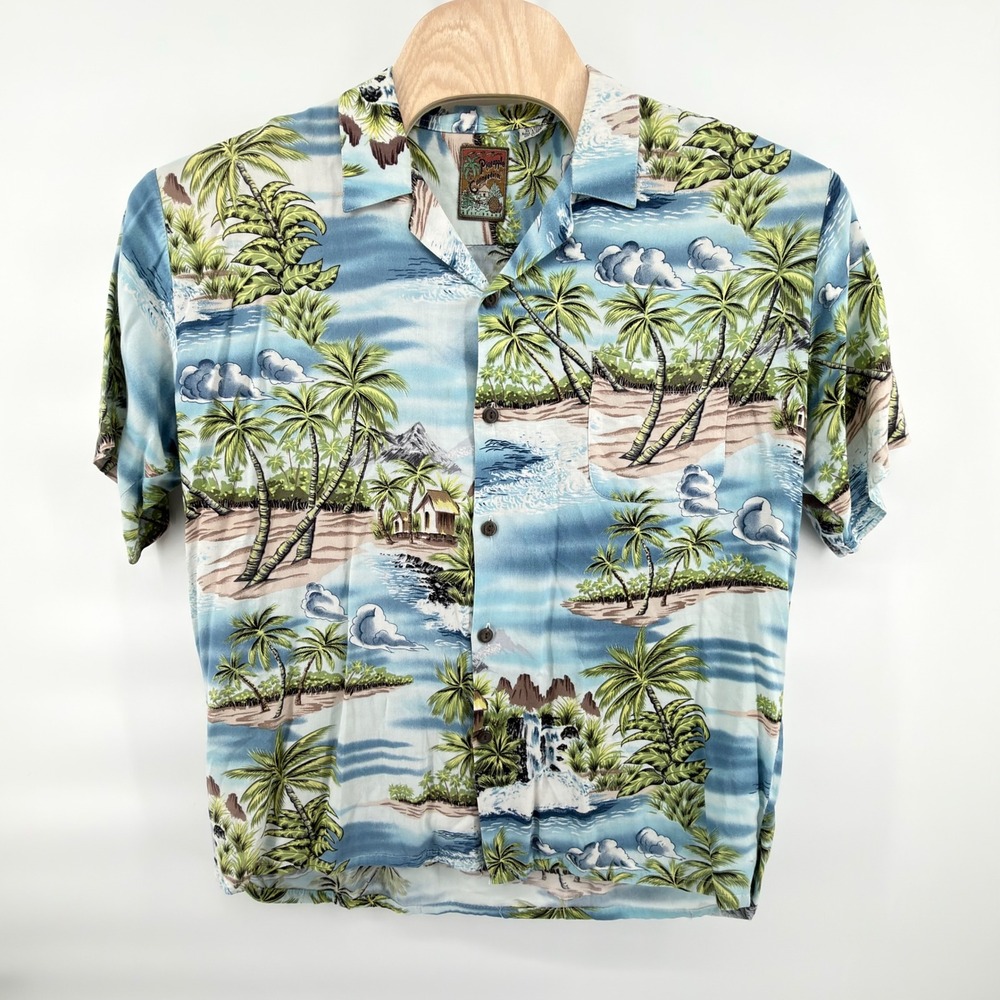 Pineapple Connection Vintage Hawaiian Shirt Large Rayon Tropical Palm Tree Beach